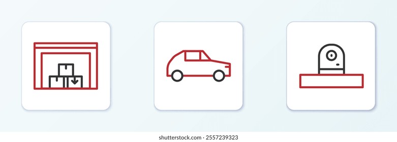 Set line Security camera, Warehouse and Car icon. Vector