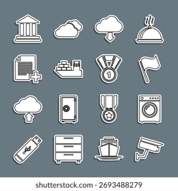 Set-line Sicherheitskamera, Unterlegscheibe, Flagge, Cloud-Download, Frachtschiff, Neue Datei hinzufügen, Bankgebäude und Medaillensymbol. Vektorgrafik
