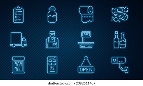 Set line Security camera, Whiskey bottle, Toilet paper roll, Seller, Delivery cargo truck, Shopping list, Electronic scales and Spice can icon. Vector