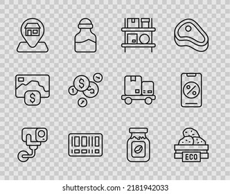 Set Line Security Camera, Wooden Box For Fruits, Warehouse Interior With Boxes, Barcode, Location Market Store, Coin Money Dollar, Coffee Jar Bottle And Percent Discount And Mobile Icon. Vector