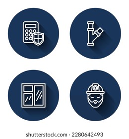 Set line Security keypad access panel, Industry metallic pipe, Window in room and Builder with long shadow. Blue circle button. Vector