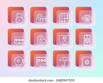 Set line Security keypad access panel, Monitor with password, Lock, Umbrella, Fingerprint, Graphic protection,  and Cyber security icon. Vector