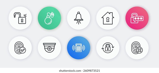 Set line Security keypad access panel, Cyber security, Fingerprint, Lock, House under protection, Ringing alarm bell, Cancelled fingerprint and camera icon. Vector