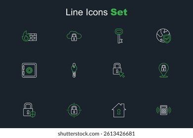 Set line Security keypad access panel, House under protection, Lock, Shield security with lock, Key and Safe icon. Vector