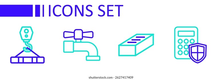 Definir linha Painel de acesso do teclado de segurança, Tijolo, torneira de água e gancho de guindaste ícone. Vetor