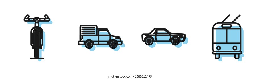 Set line Sedan car, Bicycle, Delivery cargo truck vehicle and Trolleybus icon. Vector