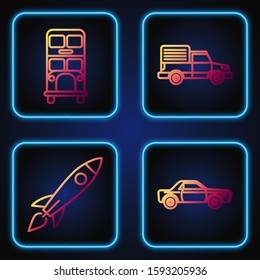 Set line Sedan car, Rocket ship with fire, Double decker bus and Delivery cargo truck vehicle. Gradient color icons. Vector