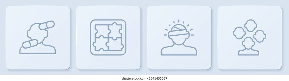 Set line Sedative pills, Concussion, headache, Solution problem in psychology and Schizophrenia. White square button. Vector