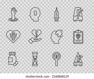 Set line Sedative pills, Metronome with pendulum, Addiction to the drug, Old hourglass, Helping hand, Broken heart or divorce,  and Psychology, Psi icon. Vector