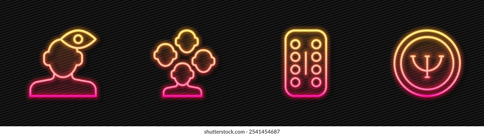 Set line Sedative pills, Solution problem in psychology, Schizophrenia and Psychology. Glowing neon icon. Vector