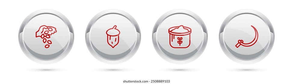 Set line Seed, Acorn, oak nut, seed, Bag of flour and Sickle. Silver circle button. Vector