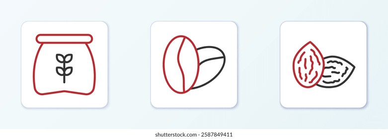 Set line Seed, Bag of flour and Coffee beans icon. Vector