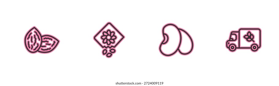 Set line Semillas, Frijoles, Pack lleno de semillas de planta y el icono del camión Harina. Vector