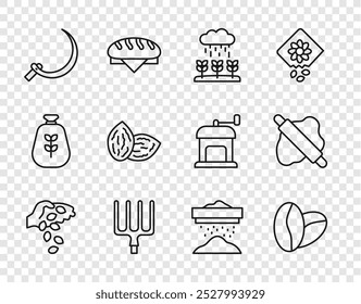 Set line Seed, Coffee beans, Plant sprouts grow in the rain, Garden pitchfork, Sickle, Sifting flour and Rolling pin on dough icon. Vector