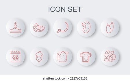 Set line Seed, Pack full of seeds of plant, Sickle, Bread toast, Acorn, oak nut, and Measuring cup icon. Vector