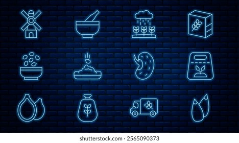 Set line Seed, Pack full of seeds of plant, Plant sprouts grow in the rain, Seeds bowl, Windmill,  and Mortar and pestle icon. Vector