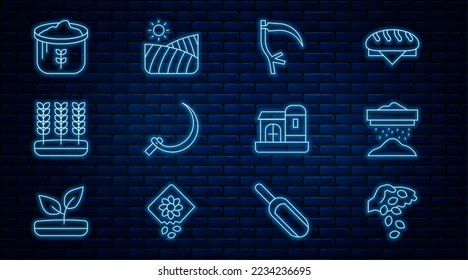 Set line Seed, Sifting flour, Scythe, Sickle, Wheat, Bag of, Farm house and Agriculture wheat field icon. Vector