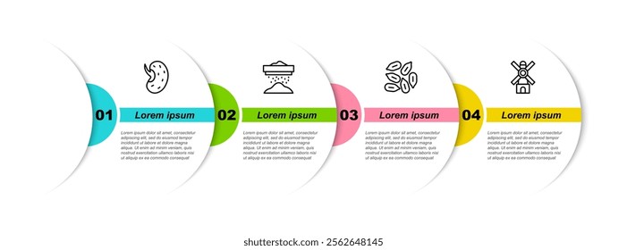 Set line Seed, Sifting flour,  and Windmill. Business infographic template. Vector