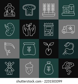 Fijar línea Semilla, Sprout, Camión de harina, Trigo, Planta en mano, Granjero el sombrero y Envase lleno de semillas de icono de planta. Vector