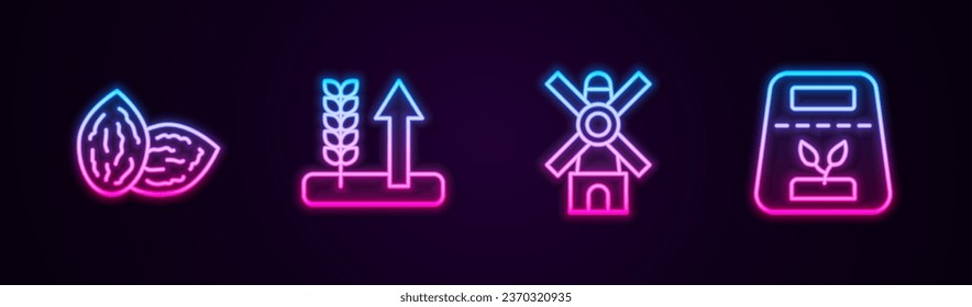 Set line Seed, Wheat, Windmill and Pack full of seeds of plant. Glowing neon icon. Vector