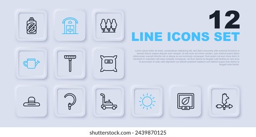 Set line Seeds of specific plant, Rooster weather vane, Garden rake, Sun, Watering can, Sickle, Farm house and Lawn mower icon. Vector