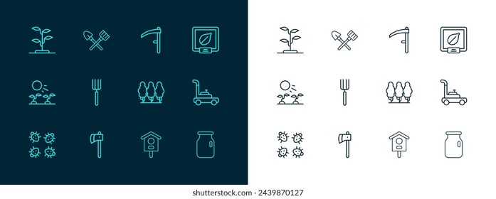 Set line Seeds of specific plant, Wooden axe, Fruit trees, Bird house, Garden pitchfork, Scythe, Sprout and Shovel and rake icon. Vector