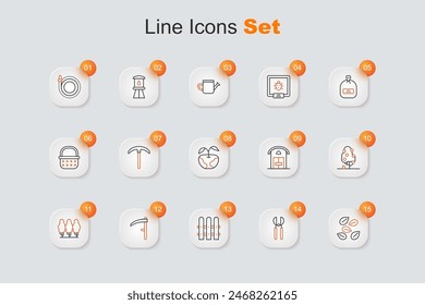 Set line Seeds of specific plant, Gardening scissors, fence wooden, Scythe, Fruit trees, Farm house and Apple icon. Vector