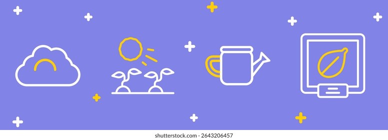 Set line Seeds of specific plant, Watering can, Plant sprouts grow the sun and Cloudy weather icon. Vector