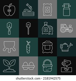 Set line Seeds, Watering can, Tractor, Pack full of seeds of plant, Shovel, Apple and  icon. Vector