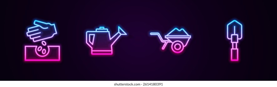 Set line Seeds, Watering can, Wheelbarrow with dirt and Shovel. Glowing neon icon. Vector