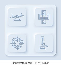 Set line Seesaw, Attraction carousel, Target sport for shooting competition and High striker attraction with big hammer. White square button. Vector