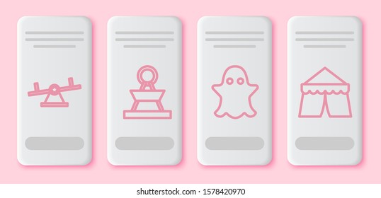 Set line Seesaw, Attraction carousel, Ghost and Circus tent. White rectangle button. Vector