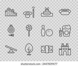 Set line Seesaw, Castle, Fountain, Tree, Roller coaster, Lollipop, Stacks paper money cash and Popcorn box and glass icon. Vector