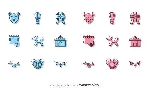 Set line Seesaw, Clown head, Bear, Carnival garland with flags, Balloon dog, Circus tent, Fast street food cart and Hot air balloon icon. Vector