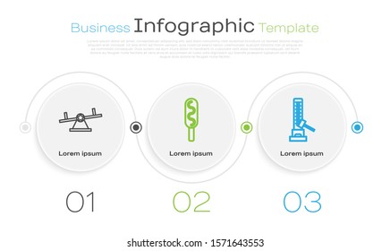 Set line Seesaw, Corn dog and High striker attraction with big hammer. Business infographic template. Vector