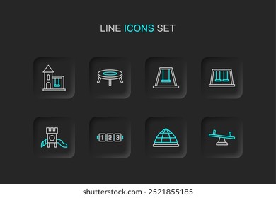 Set line Seesaw, equipamento de escalada Playground, jogo de lógica de educação, Deslizar playground, Balanças para crianças, Saltando trampolim e ícone. Vetor