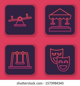 Set line Seesaw, Swing, Attraction carousel and Comedy theatrical masks. Blue square button. Vector