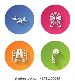 Set line Seesaw, Target, Circus wagon and Birthday party horn. Color circle button. Vector