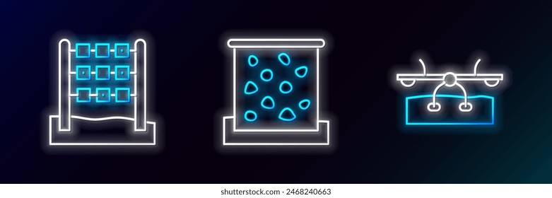 Set line Seesaw, Tic tac toe game and Climbing wall icon. Glowing neon. Vector