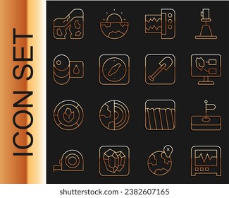 Set line Seismograph, Flag, Soil analysis, Compass, Barrel, Geological fault and Shovel icon. Vector