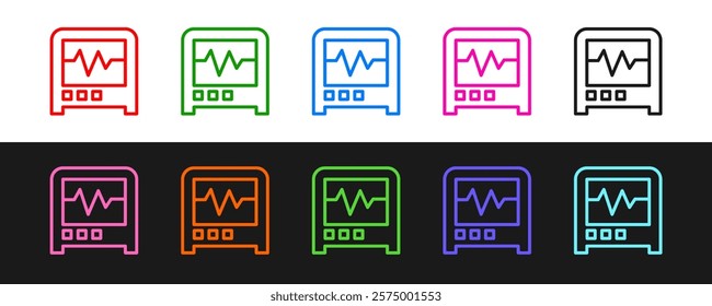 Set line Seismograph icon isolated on black and white background. Earthquake analog seismograph.  Vector