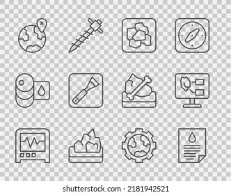 Set line Seismograph, Oil drop document, Gold nugget, Ore mining, Location on the globe, Paint brush, Gear wheels and earth and Soil analysis icon. Vector