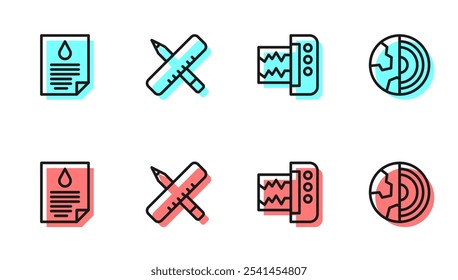 Sismógrafo, documento de gota de aceite, Regla cruzada y lápiz e ícono de corteza de estructura de núcleo terrestre. Vector