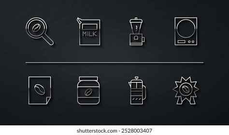 Set-Linie Auswahl Kaffeebohnen, Kaffee-Poster, elektronische Waage, französische Presse, Glasflasche, Papierpaket für Milch, Medaille und Elektrische Schleifmaschine Symbol. Vektorgrafik