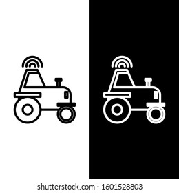 Set line Self driving wireless tractor on a smart farm icon isolated on black and white background. Smart agriculture implement element.  Vector Illustration