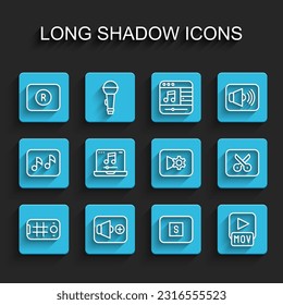 Set line Selfie on mobile, Speaker volume, Record button, Stop media, MOV file, Laptop with music, Music video editing and settings icon. Vector