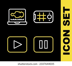 Set line Selfie on mobile, Pause button, Play and Sound or audio recorder icon. Vector