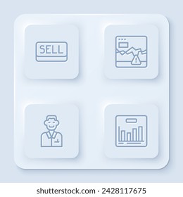 Set line Sell button, Failure stocks market, Trader and Pie chart infographic. White square button. Vector