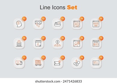 Set line Sell button, Financial growth dollar, Mail and e-mail, Office folders, Armored truck, Pie chart infographic, Video chat conference and Hierarchy with icon. Vector