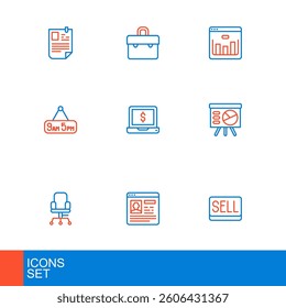 Set line Sell button, Resume, Office chair, Board with graph, From 9 5 job, Laptop dollar, Browser stocks market and Briefcase icon. Vector